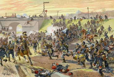 The 1st Bavarian Corps storming a railway embankment outside Orleans, Franco-Prussian War, 11 October 1870
